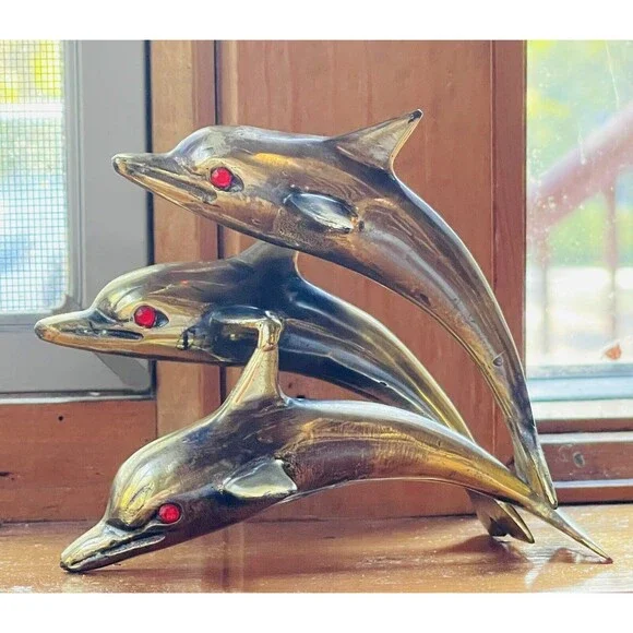 VTG Brass Swimming Jumping Three Dolphins Figurine Sculpture Statue 3.5” Marine - Picture 3 of 11